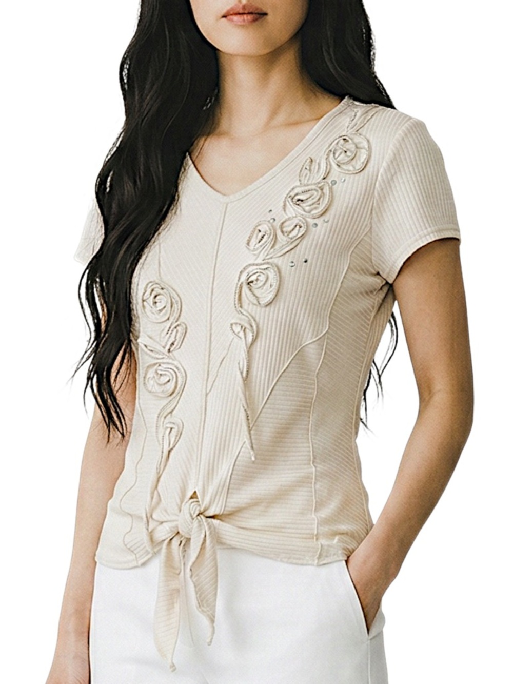 4/$20 Vintage KOOS Lagenlook Art Wear Beige Ribbed Cotton Tie Front Top Blouse S
